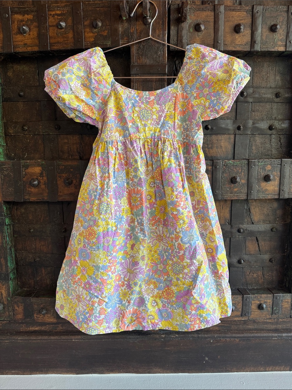 Janie and Jack Girls' Floral Puff-Sleeve Dress - Pastel Yellow & Pink